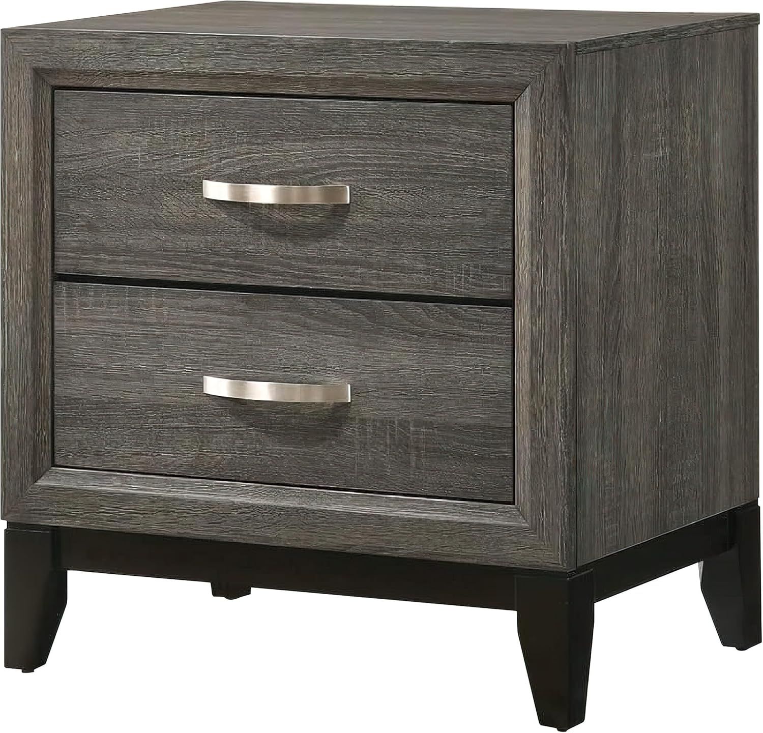 Gray Wood Grain 2 Drawer Nightstand with Metal Handles