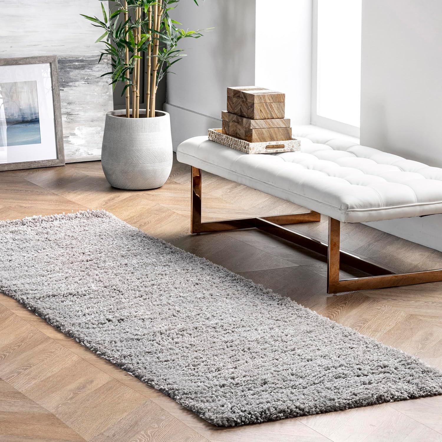 Luxurious Silver Shag 20' Runner Rug with Easy Care Synthetic Pile