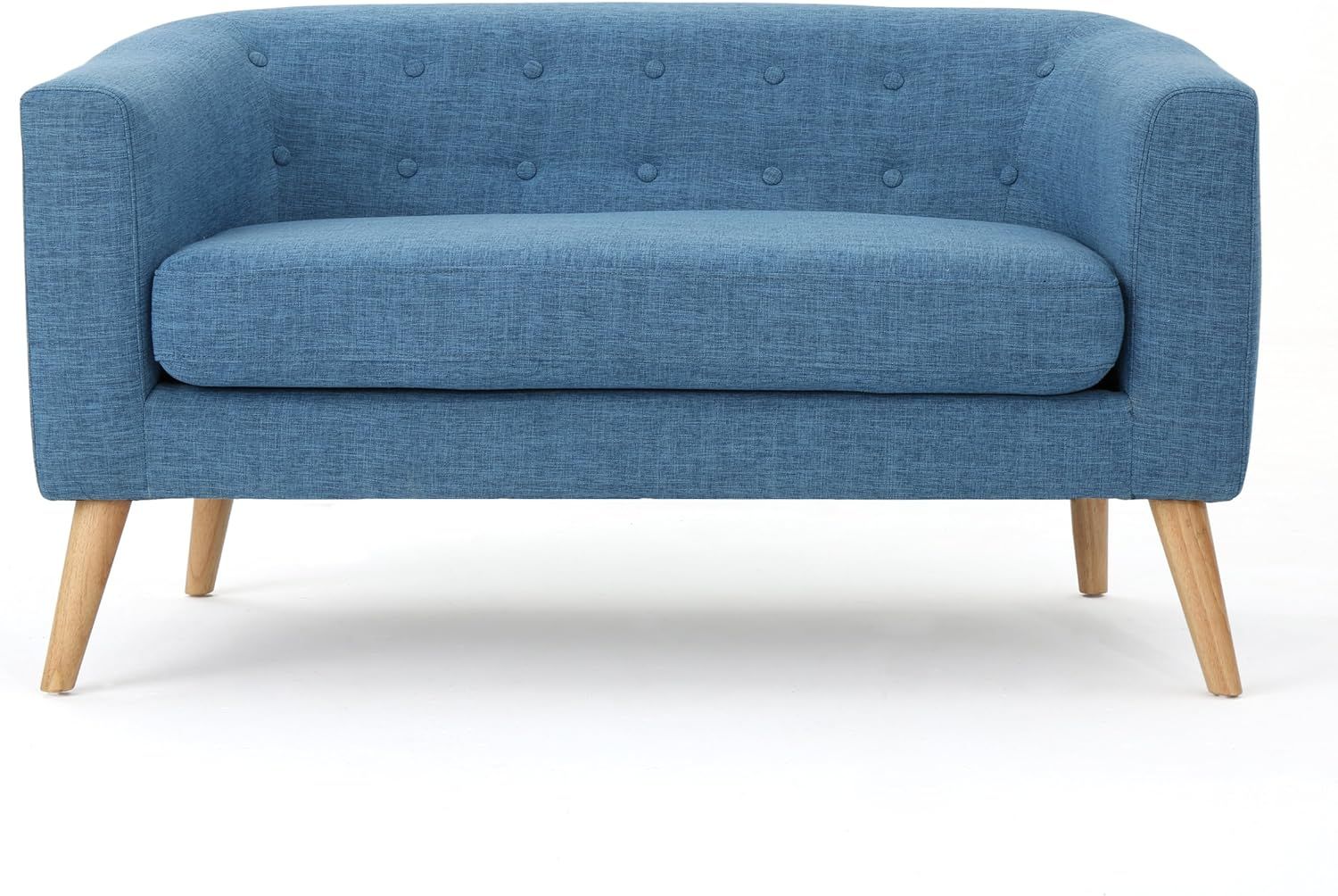 Muted Blue Tufted Fabric Loveseat with Rubberwood Legs