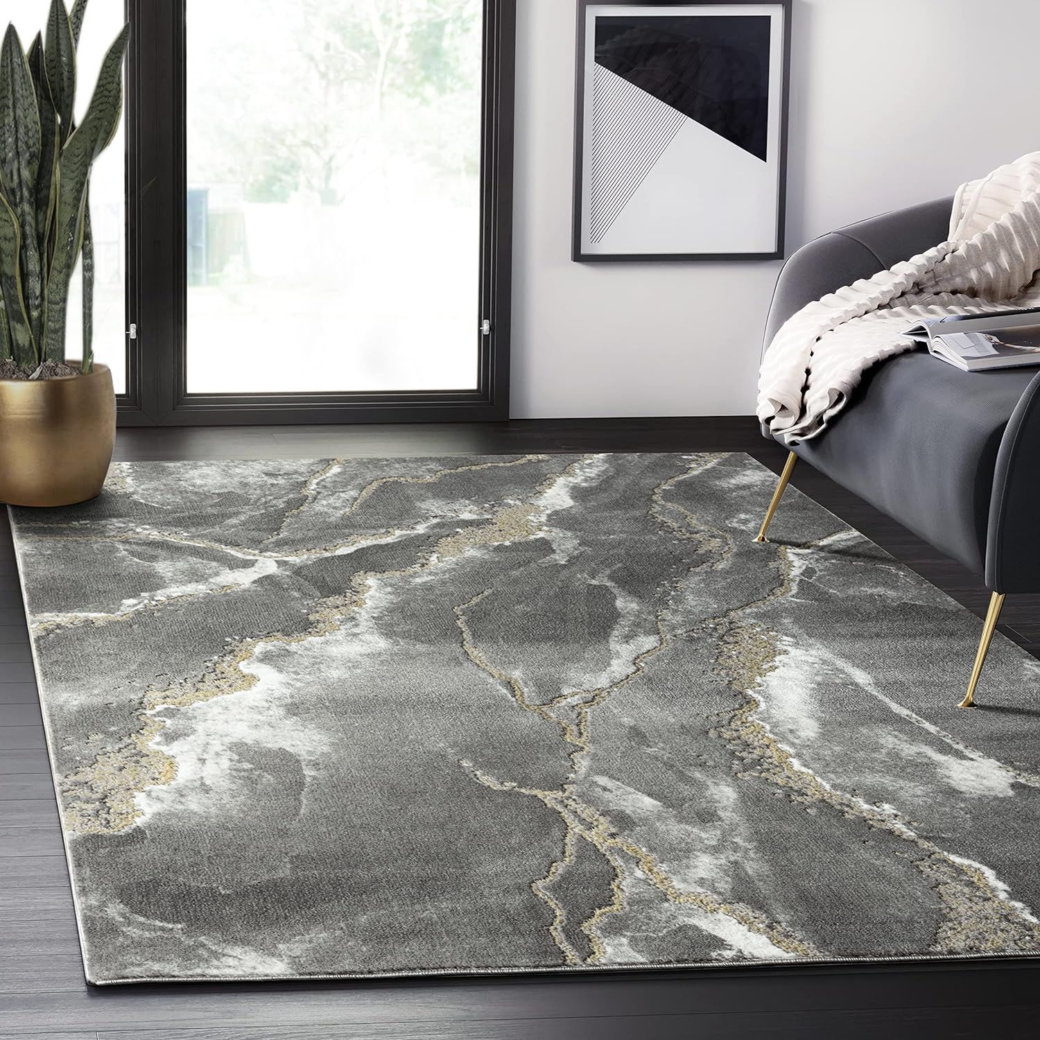 Gray and Gold Marble Print 4' x 6' Rectangular Area Rug