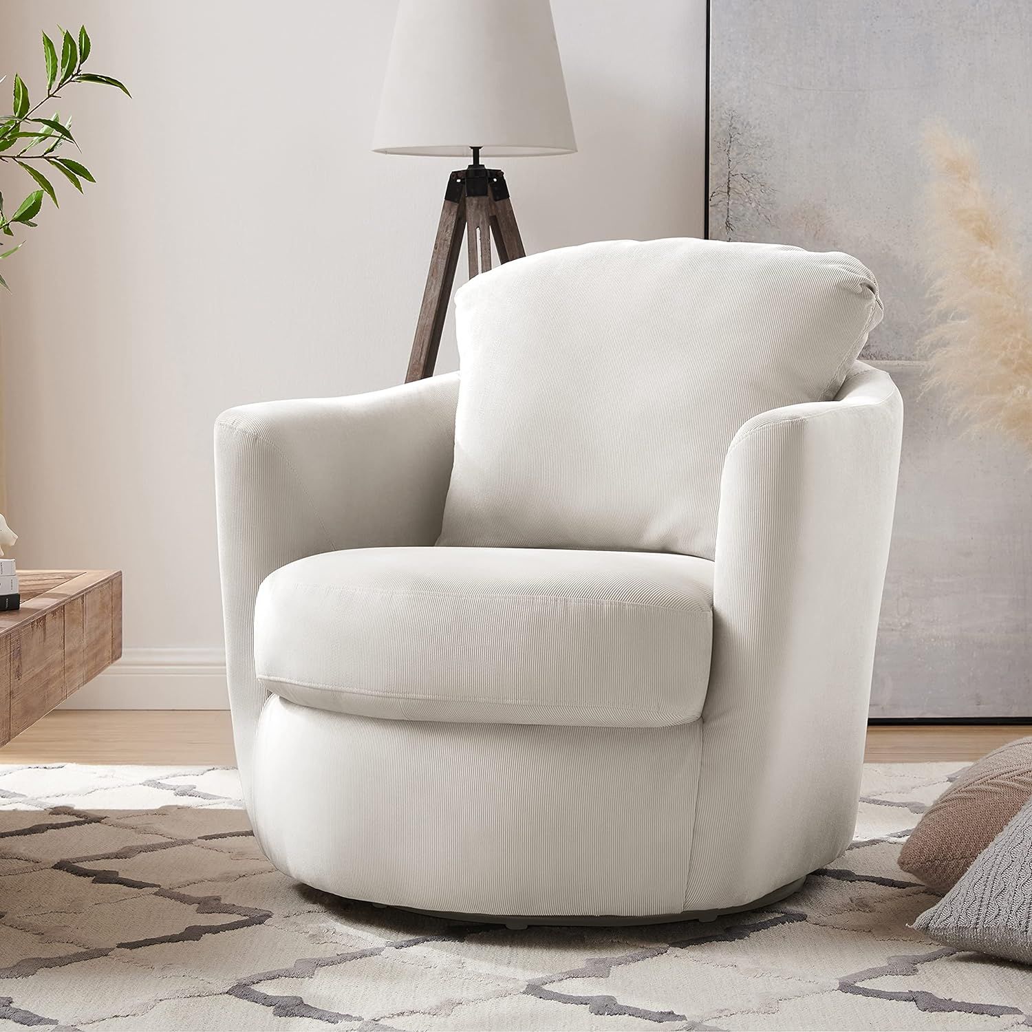 Ivory Corduroy Swivel Barrel Accent Chair with Metal Base