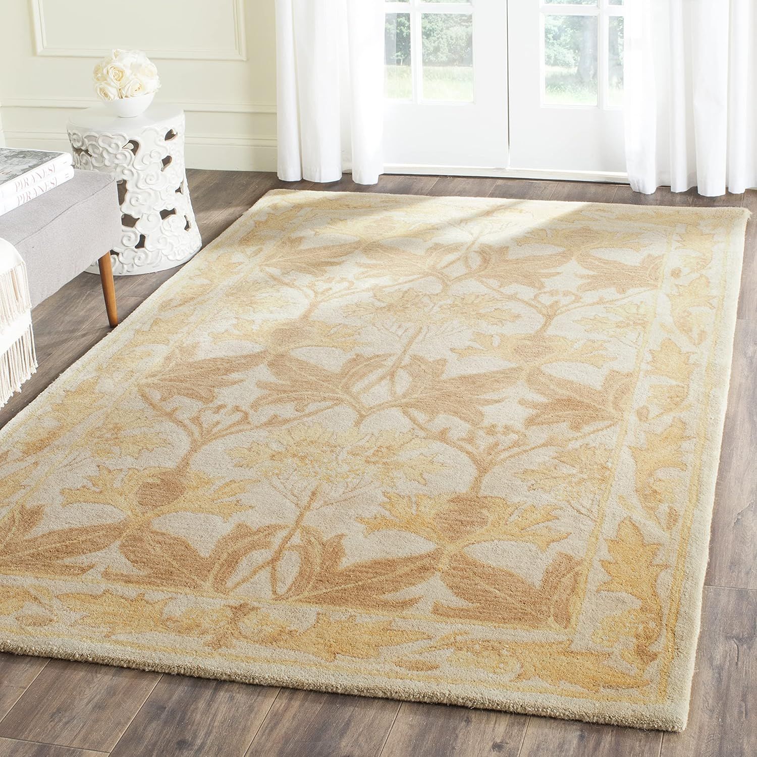 Handmade Tufted Beige and Gold Wool Rectangular Rug