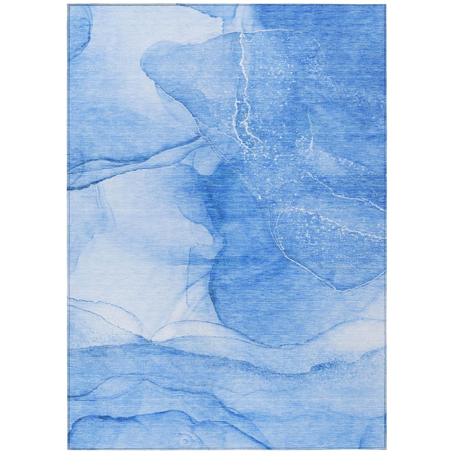 Blue Watercolor Pattern Machine Washable Indoor Outdoor Rug