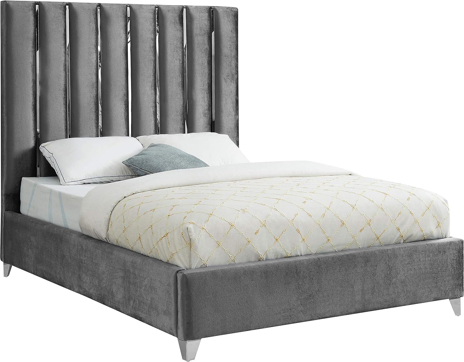 Grey Velvet Upholstered Queen Bed with Tufted Headboard