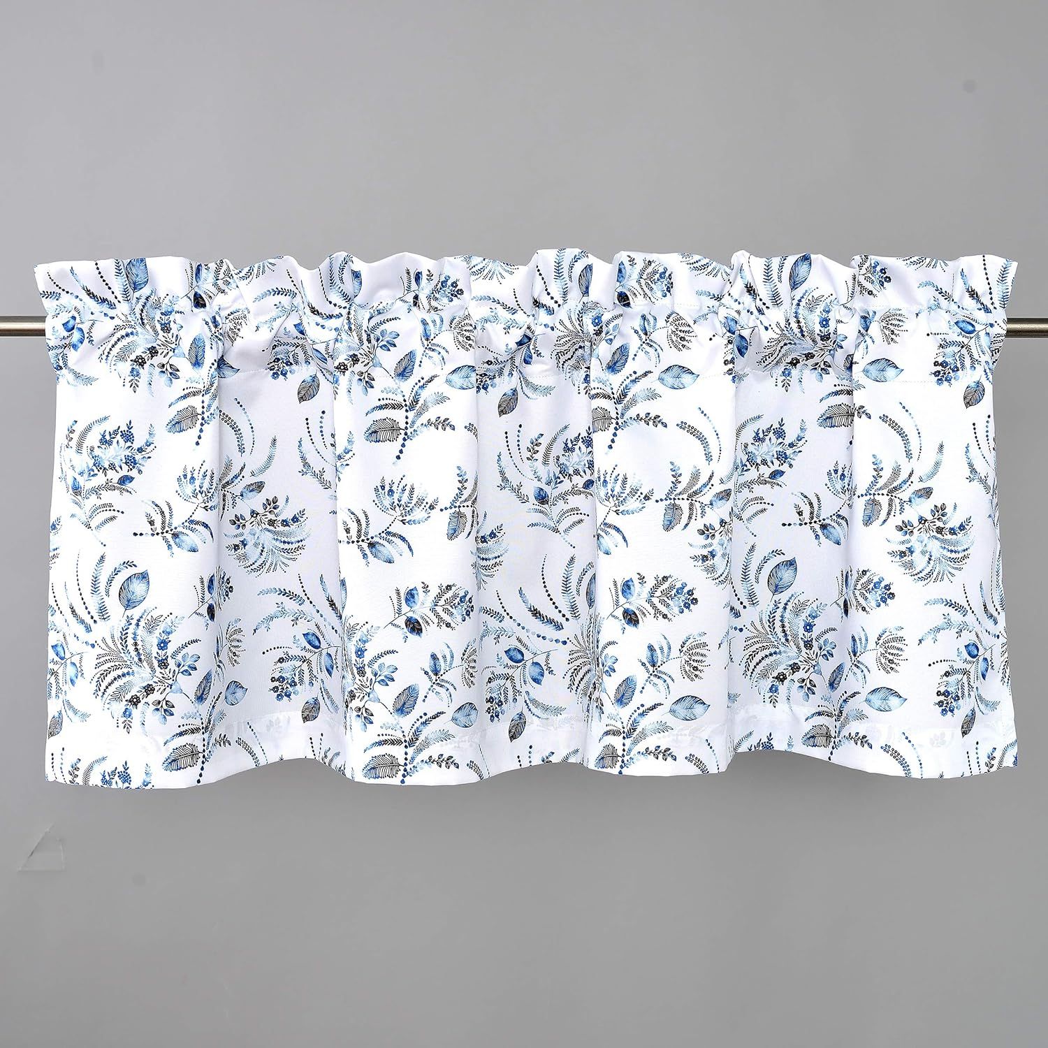 Navy Blue Floral Leaves Rod Pocket Valance, 52 x 18 Inch