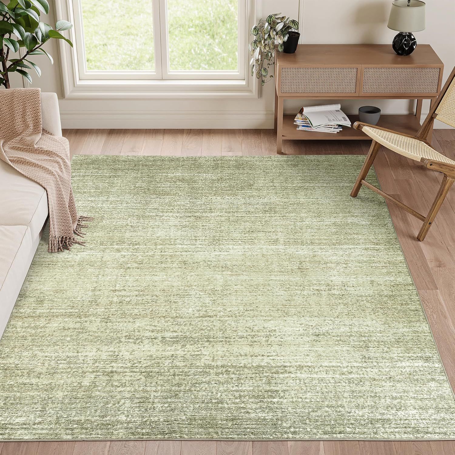 Sage Green Abstract Flat Woven Washable Area Rug