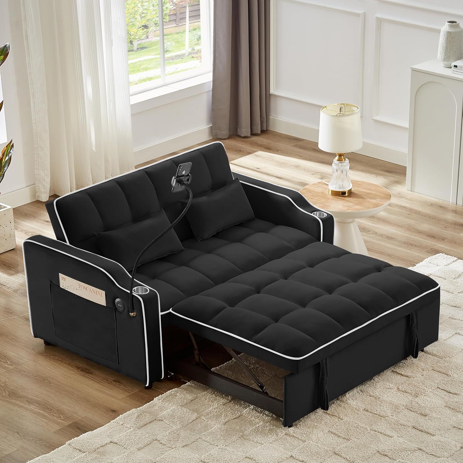 Black Velvet Convertible Sleeper Sofa with USB Ports