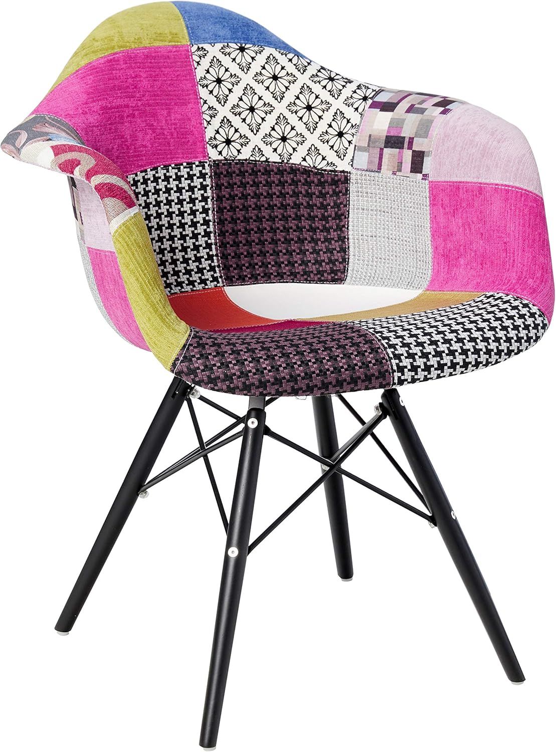 Patchwork Upholstered Dining Arm Chair with Black Wood Legs