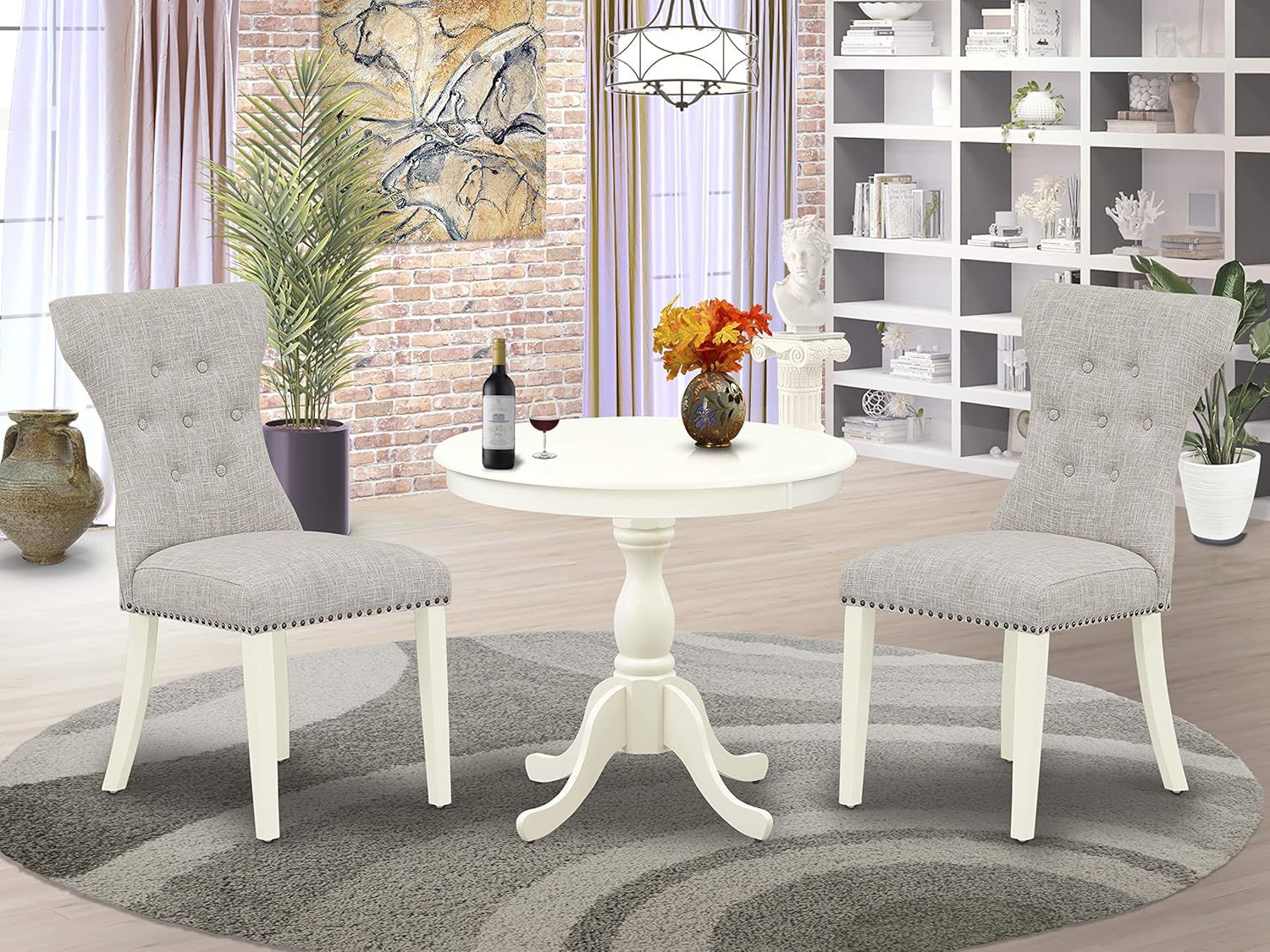 Linen White Round Dining Table Set with Tufted Chairs