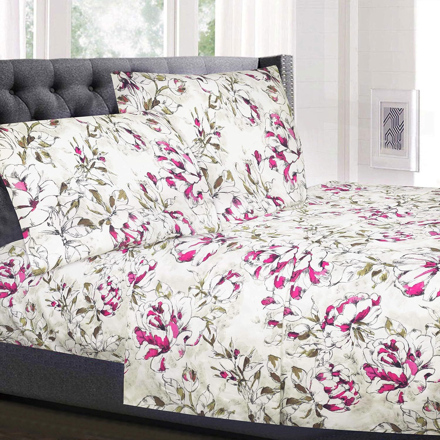 Queen Pink Floral Microfiber Deep Pocket Bedding Set