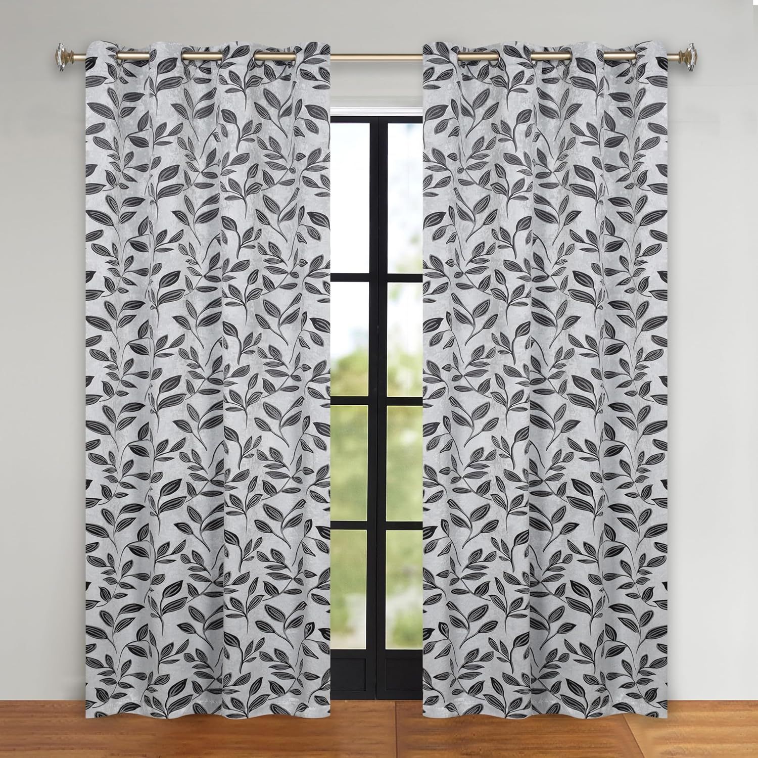 Silver and Black Polyester Blackout Curtains with Leaf Design, 52" x 96"