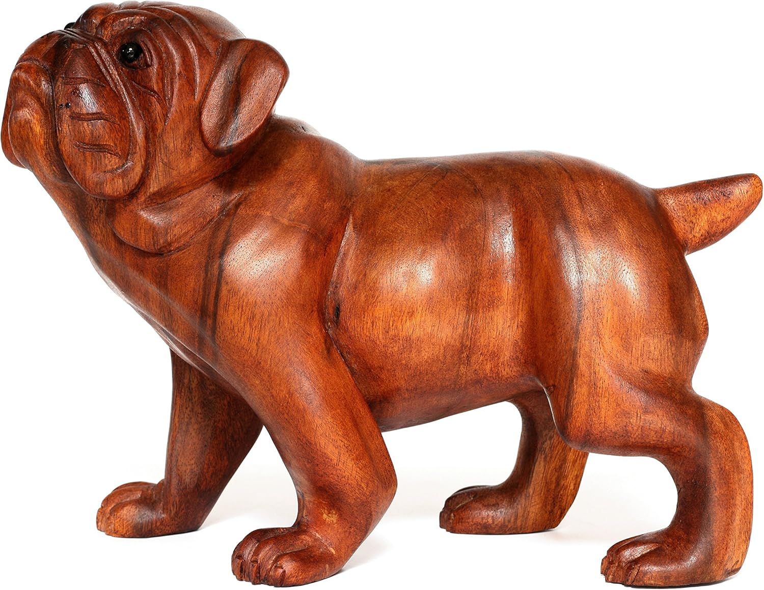 Hand Carved Wooden Bulldog Statue in Rustic Brown Finish