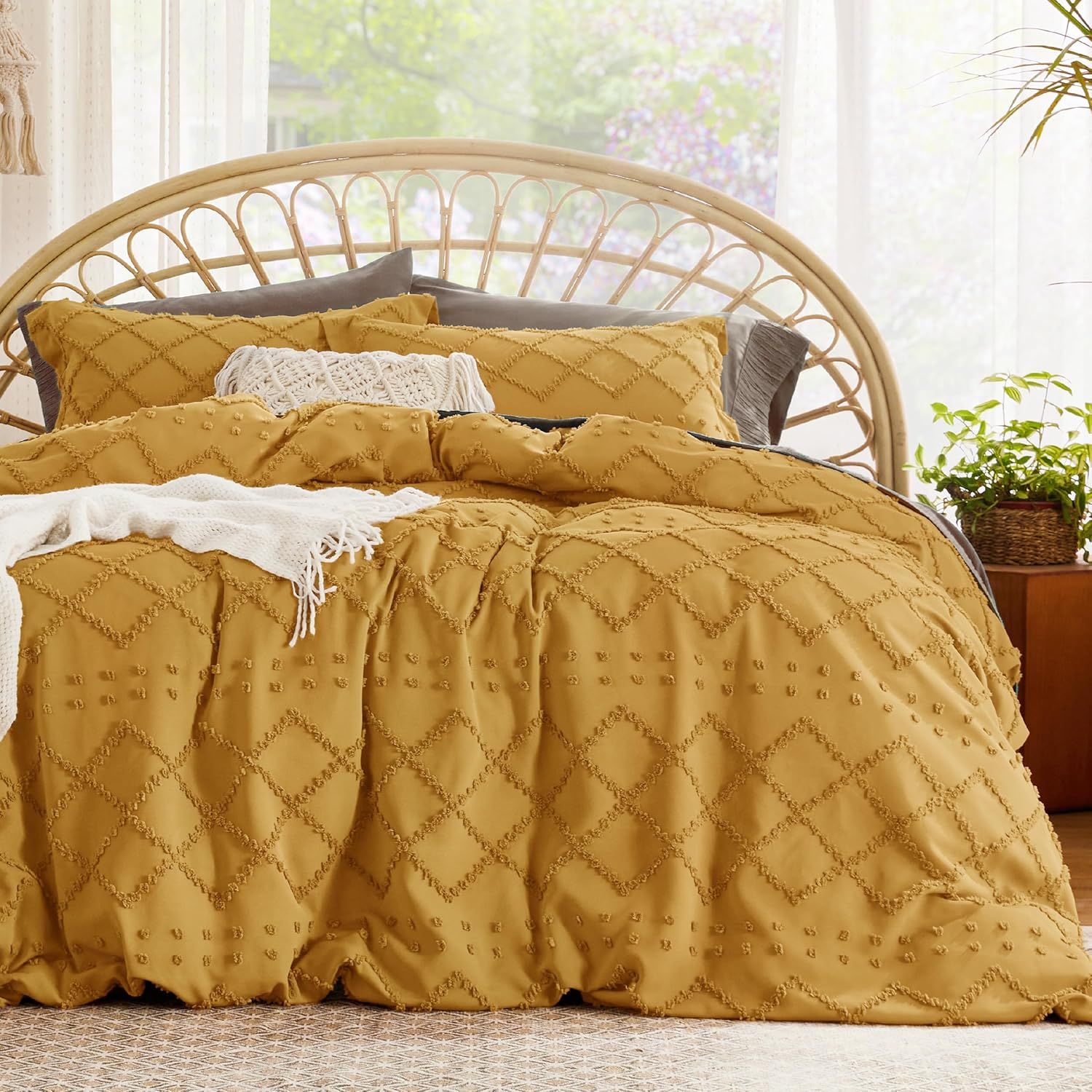 Mustard Yellow Tufted Embroidery Queen Duvet Cover Set