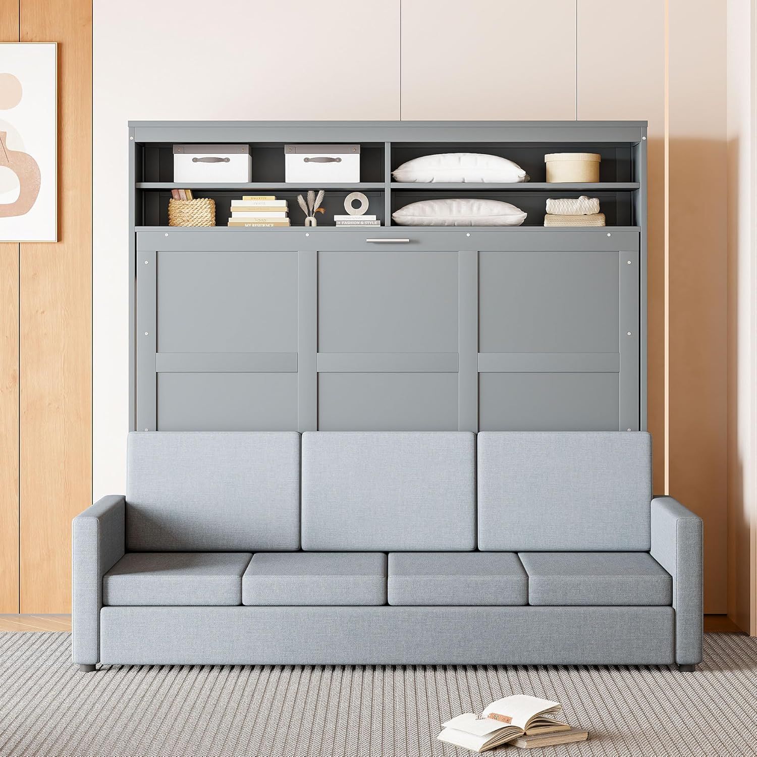 Gray Queen Size Murphy Bed with Sofa and Storage Shelves