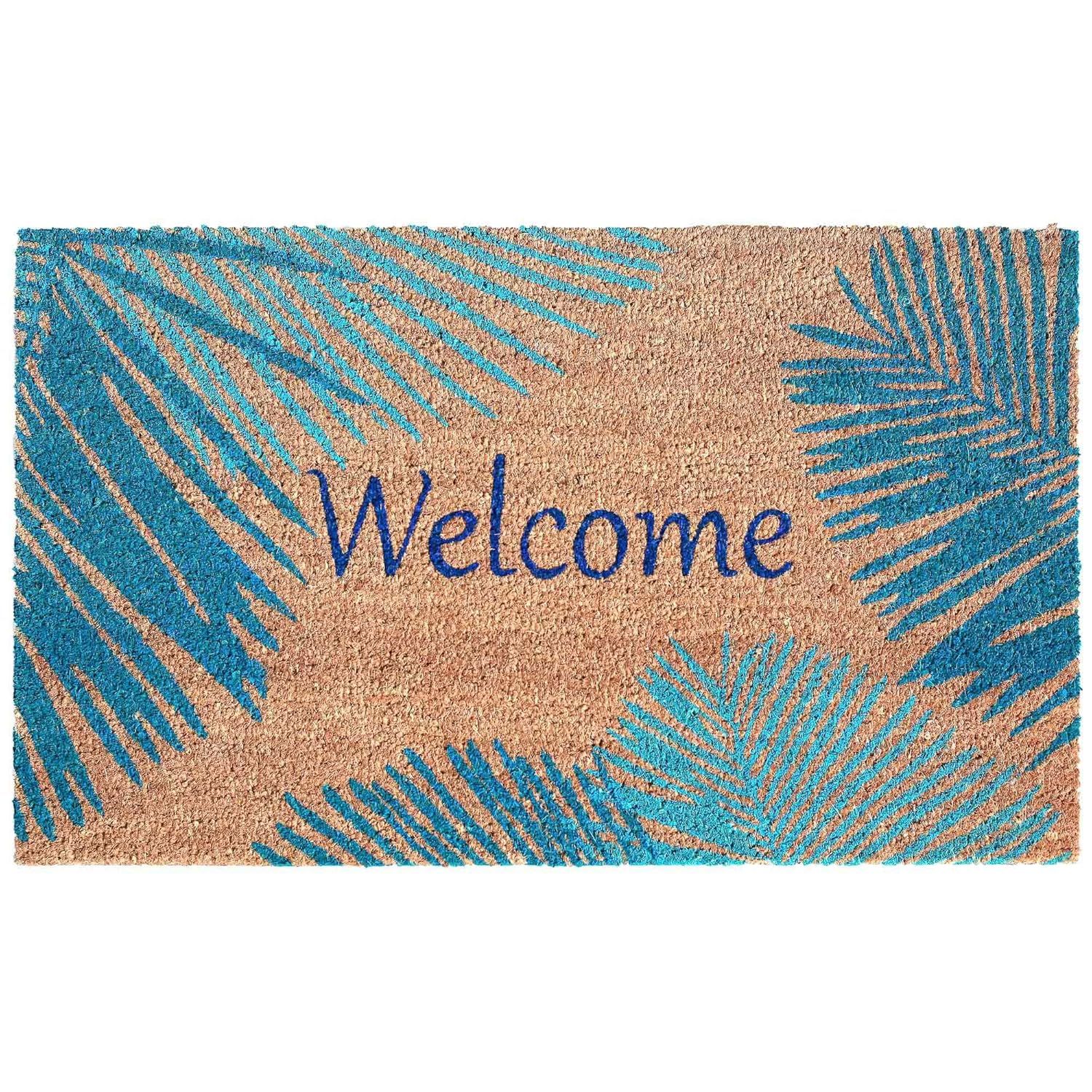 Blue Palm Border Coir Outdoor Welcome Mat