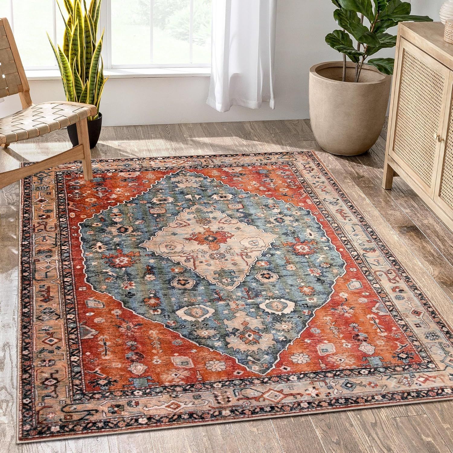 Aqua and Rust Geometric Tribal 5' x 7' Washable Rug