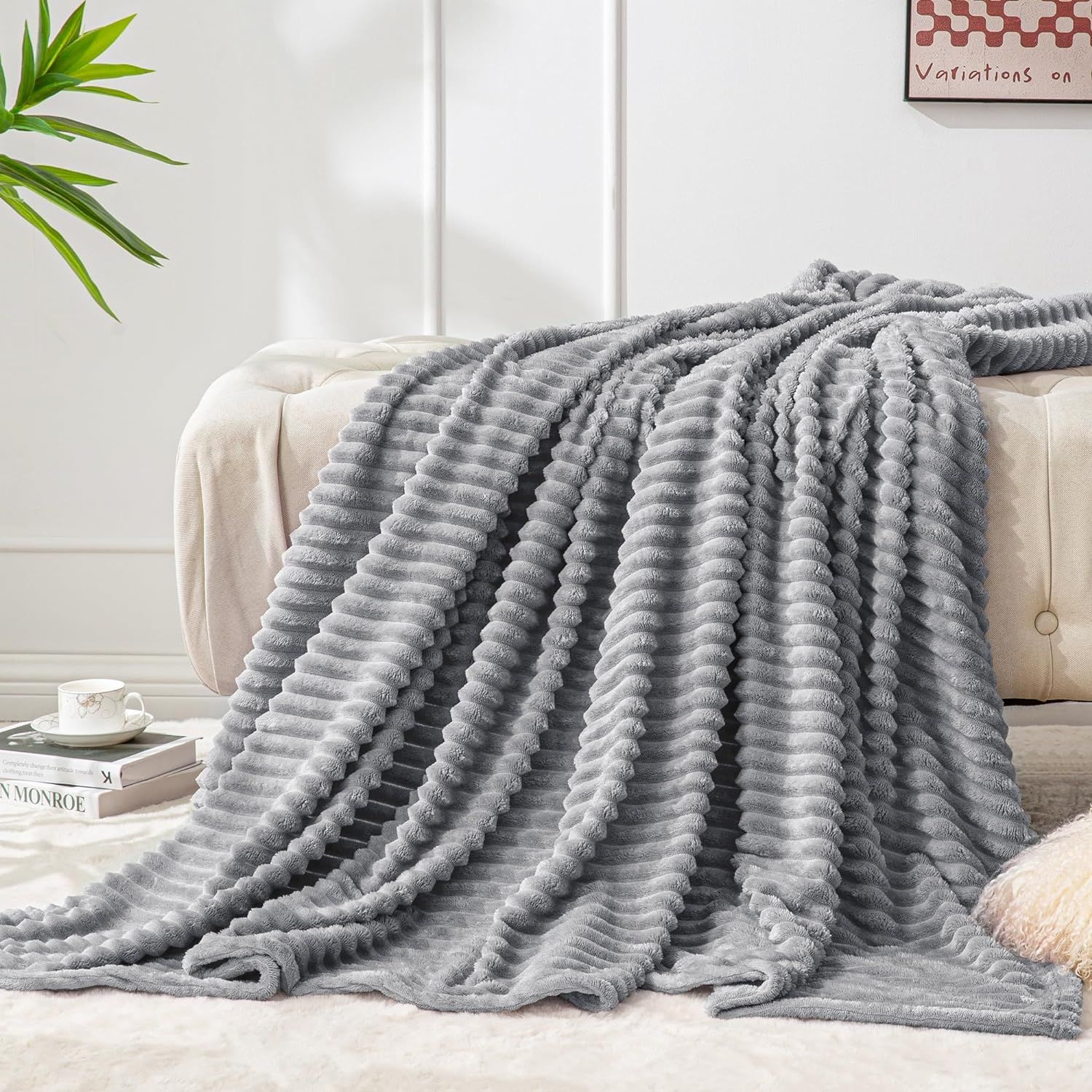 Gray 3D Ribbed Jacquard Fleece Throw Blanket 50x60 inches