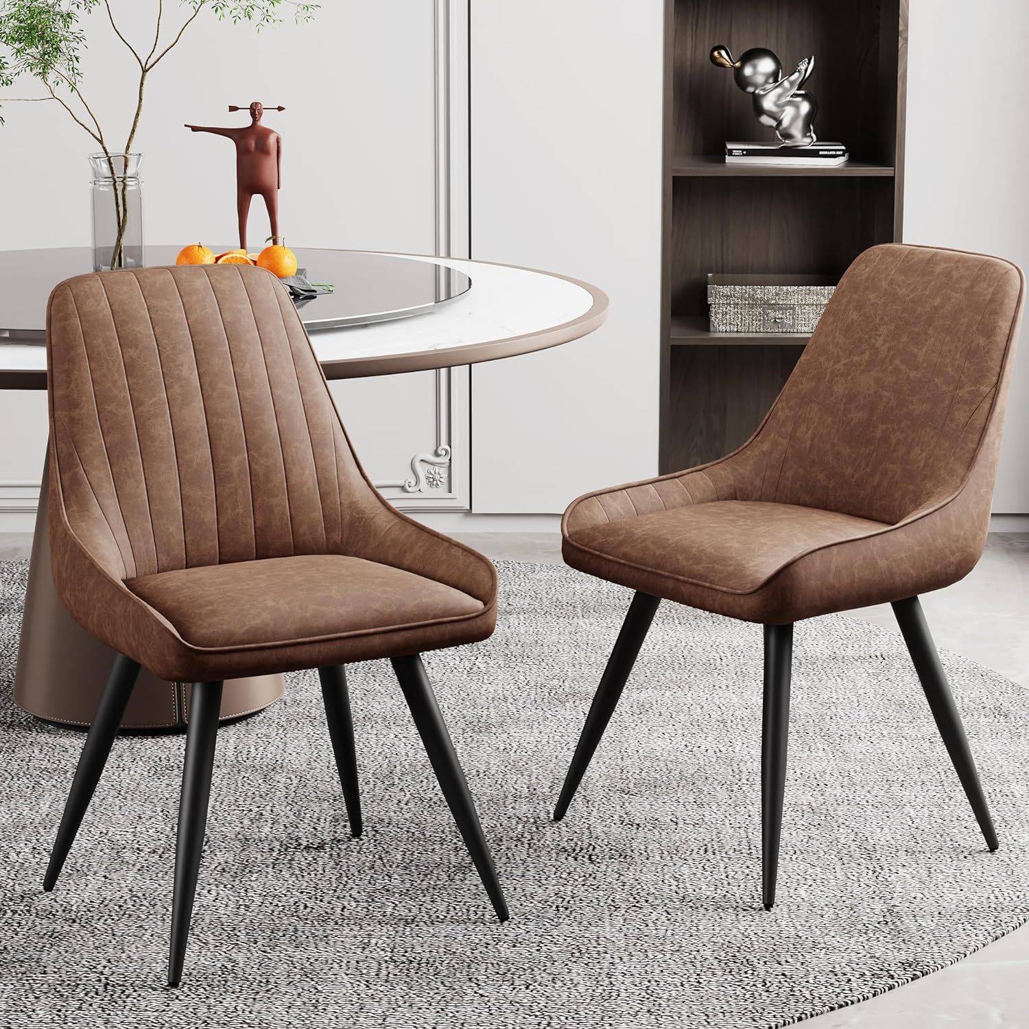 Brown Faux Leather Upholstered Armless Side Chairs with Metal Legs, Set of 2