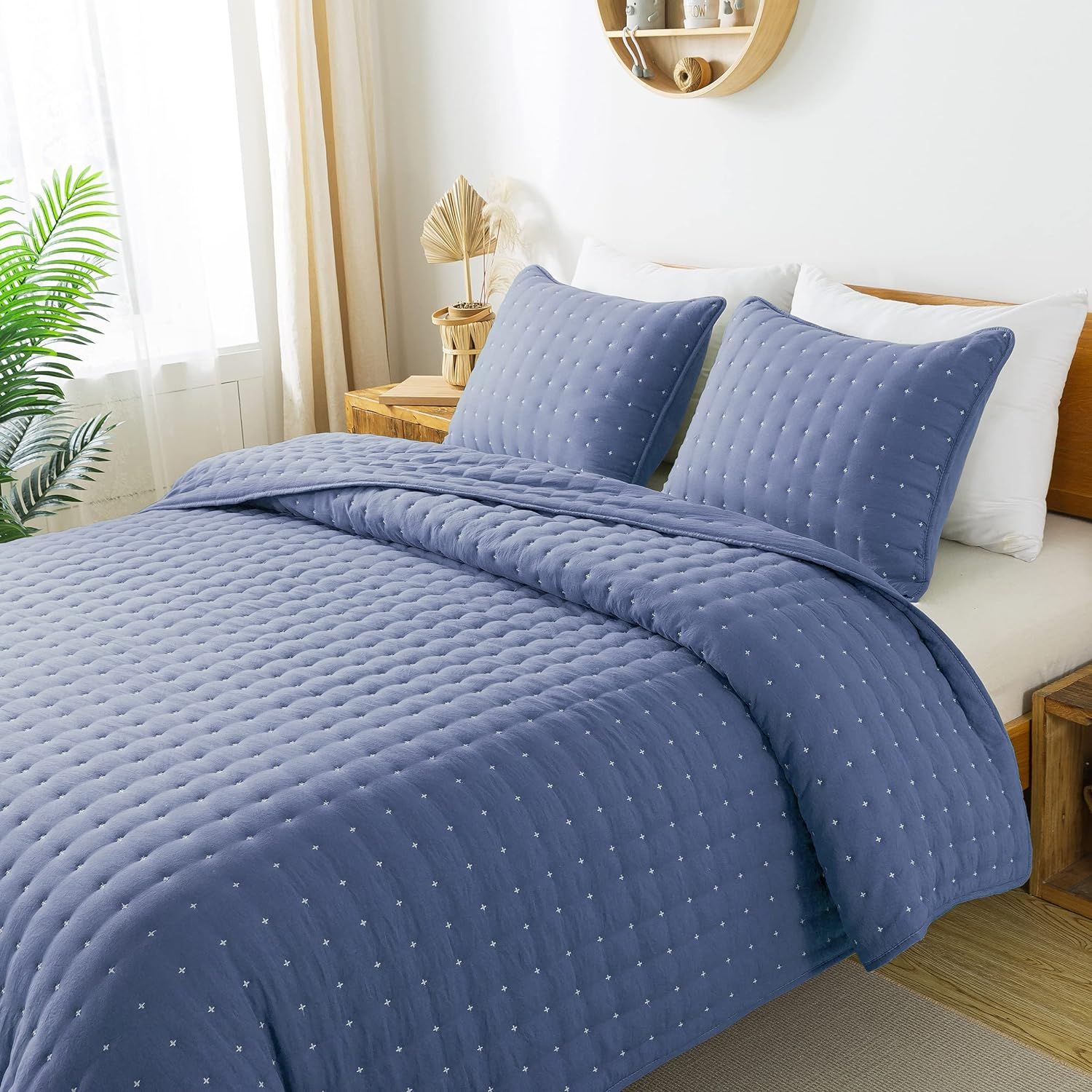 Blue Microfiber Queen Bedspread Set with Pillow Shams