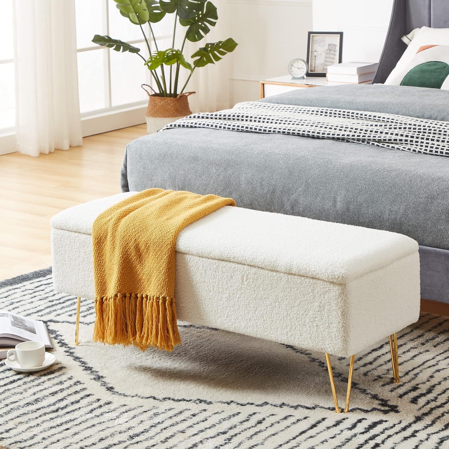 White Sherpa Upholstered Storage Bench with Gold Hairpin Legs