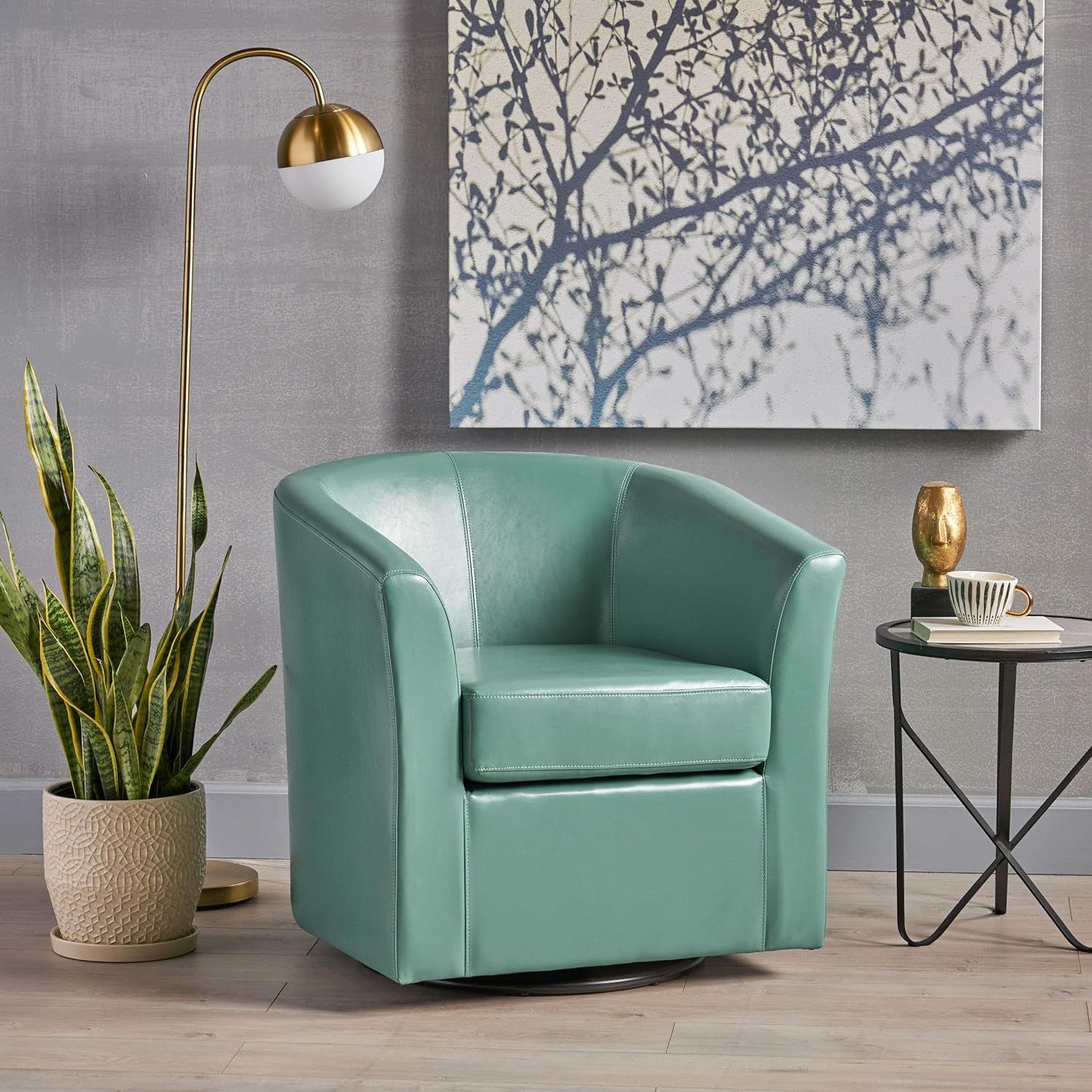 Turquoise Faux Leather Swivel Barrel Club Chair