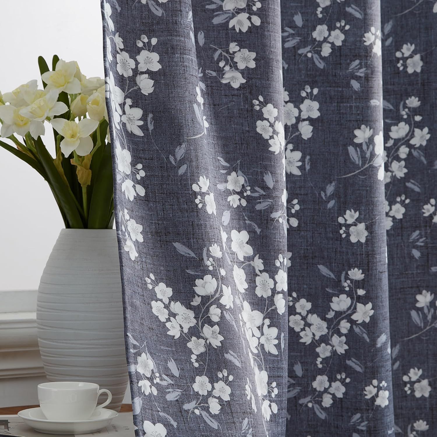 Charcoal Grey Floral Room-Darkening Polyester Curtains, 52 W x 84 L