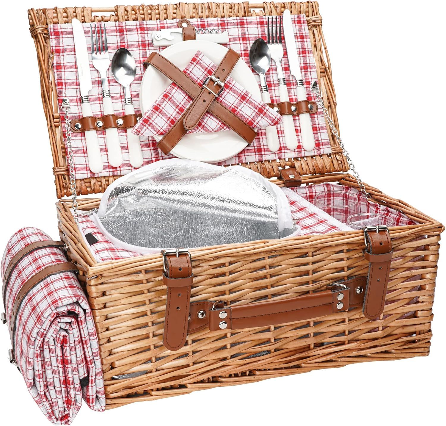 Red Checkered Wicker Picnic Basket with Insulated Compartment