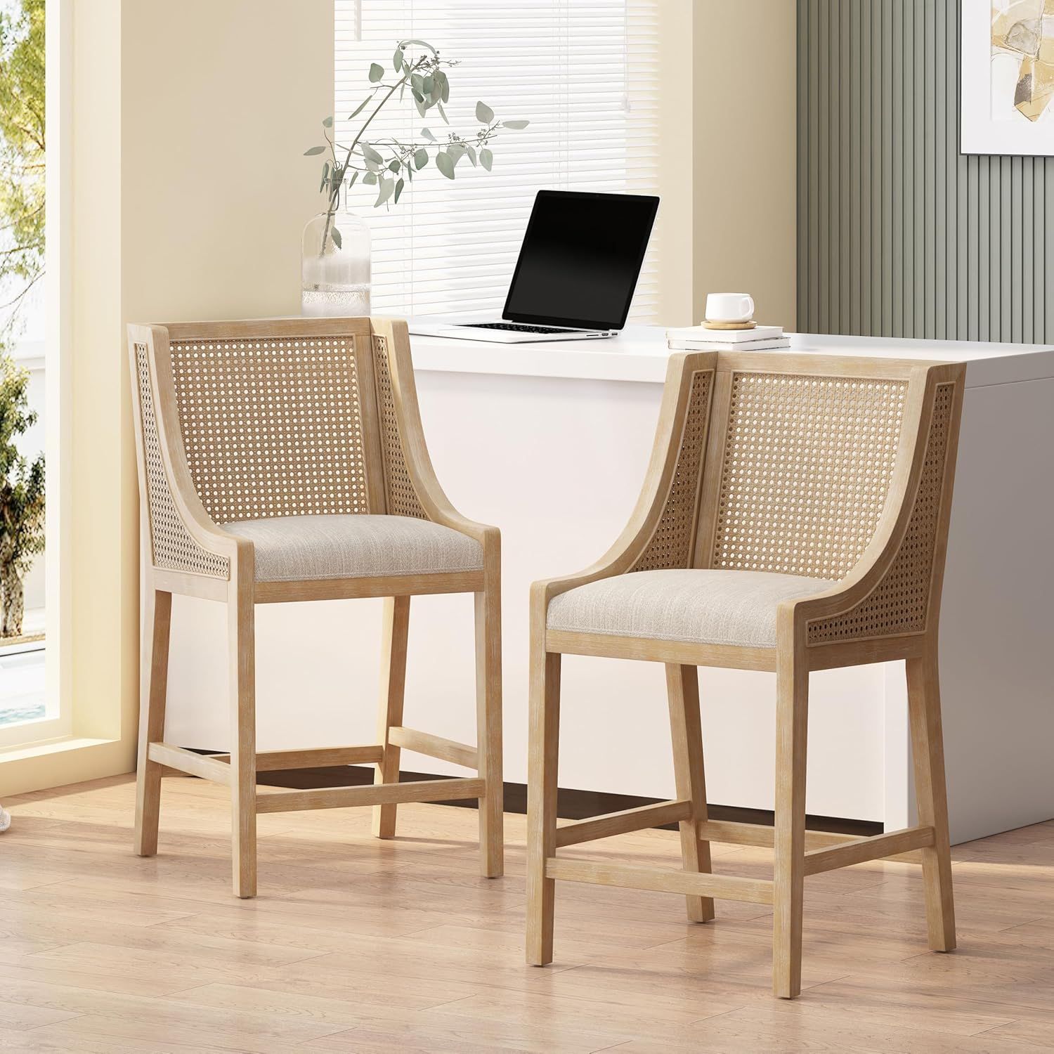 Beige Upholstered Wood and Cane Counter Stools, Set of 2