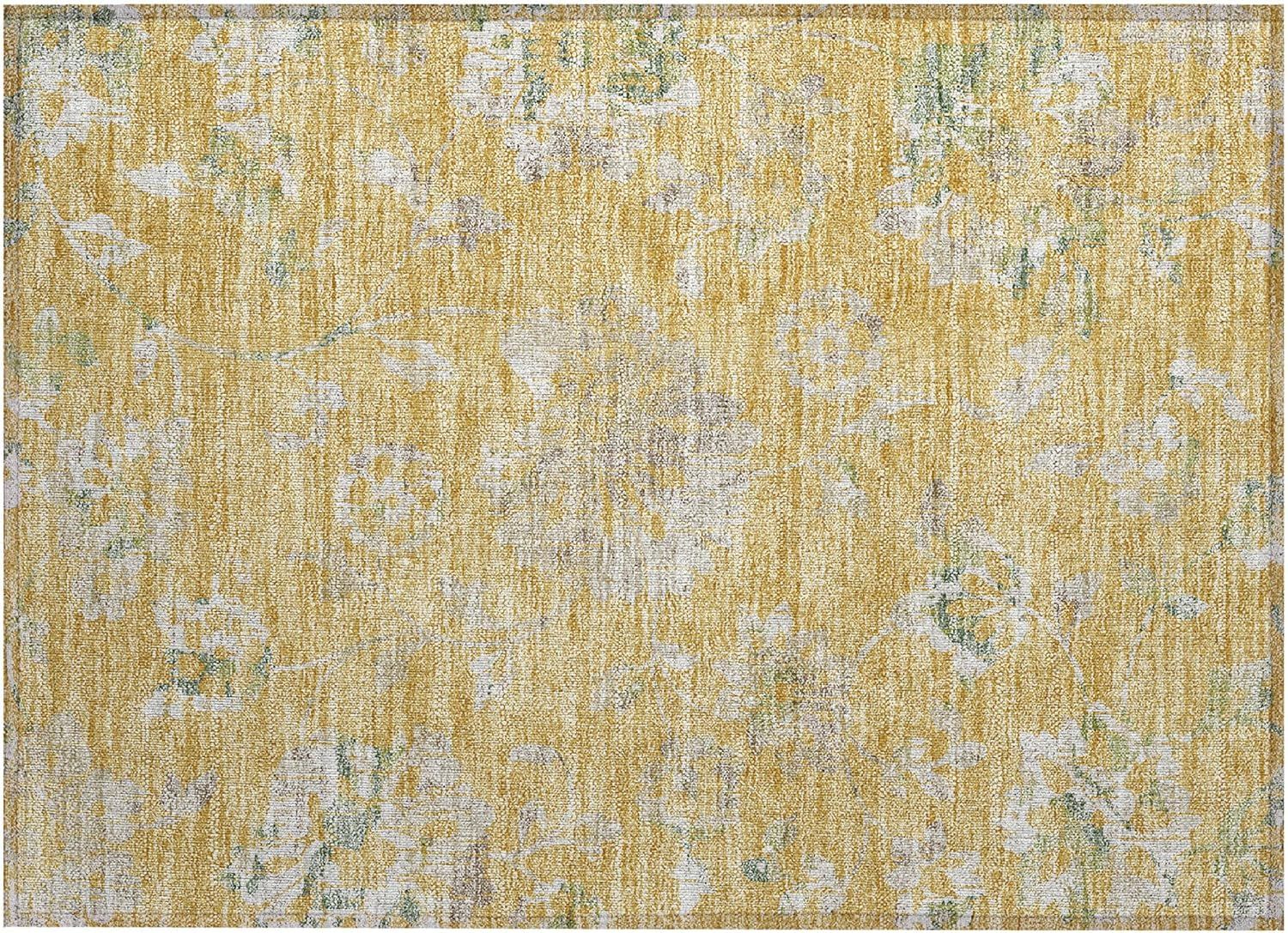 Gold Floral Synthetic Rectangular Indoor/Outdoor Rug