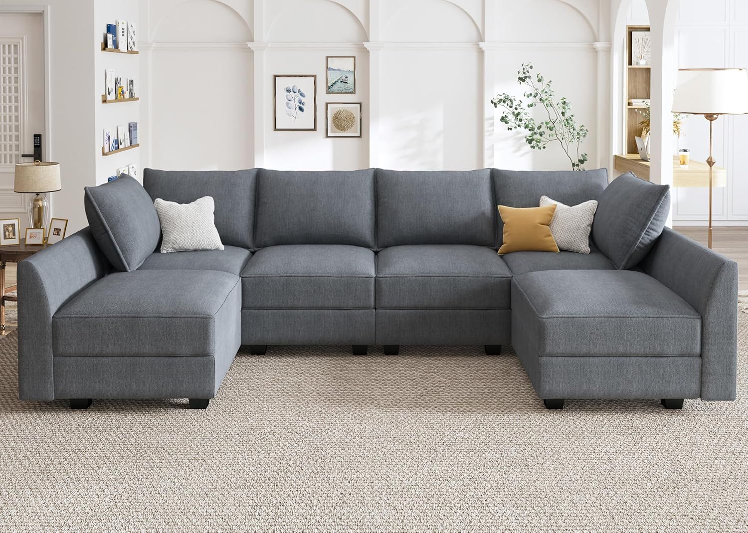 Gray Fabric U-Shaped Sectional Sofa with Storage Ottoman