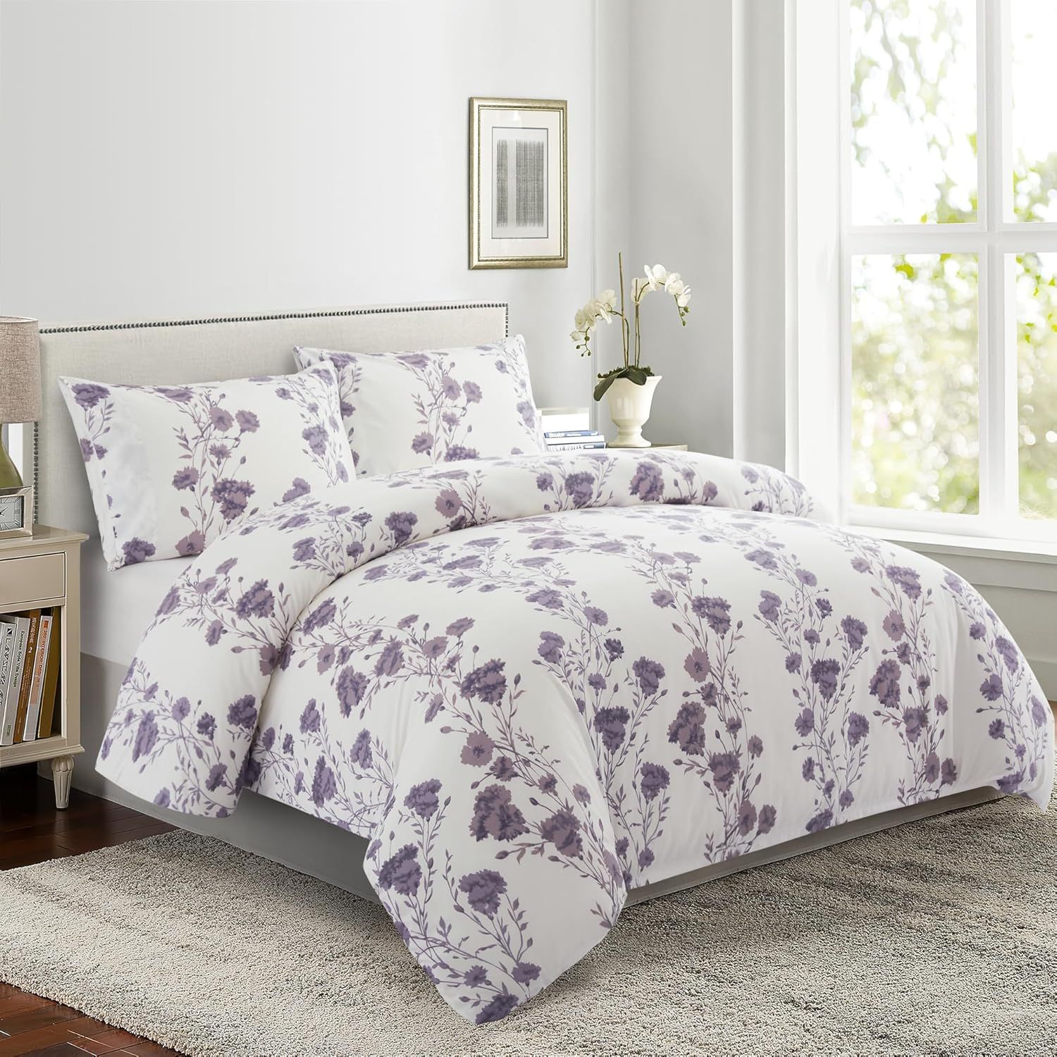 Twin Purple Carnation Floral Rayon Bamboo Duvet Cover Set