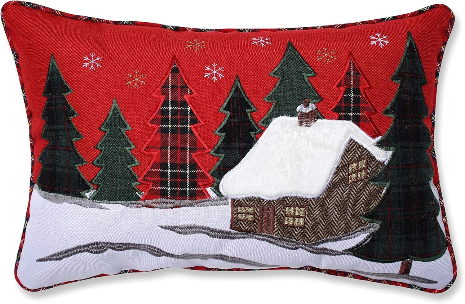 Christmas Cabin Red and Green Embroidered Lumbar Pillow