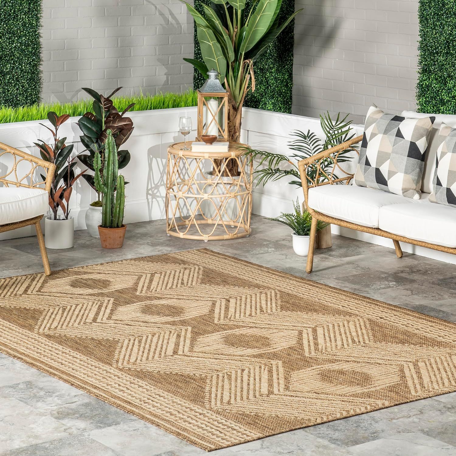 Tribal Geometric Light Brown Indoor/Outdoor Area Rug 7x9