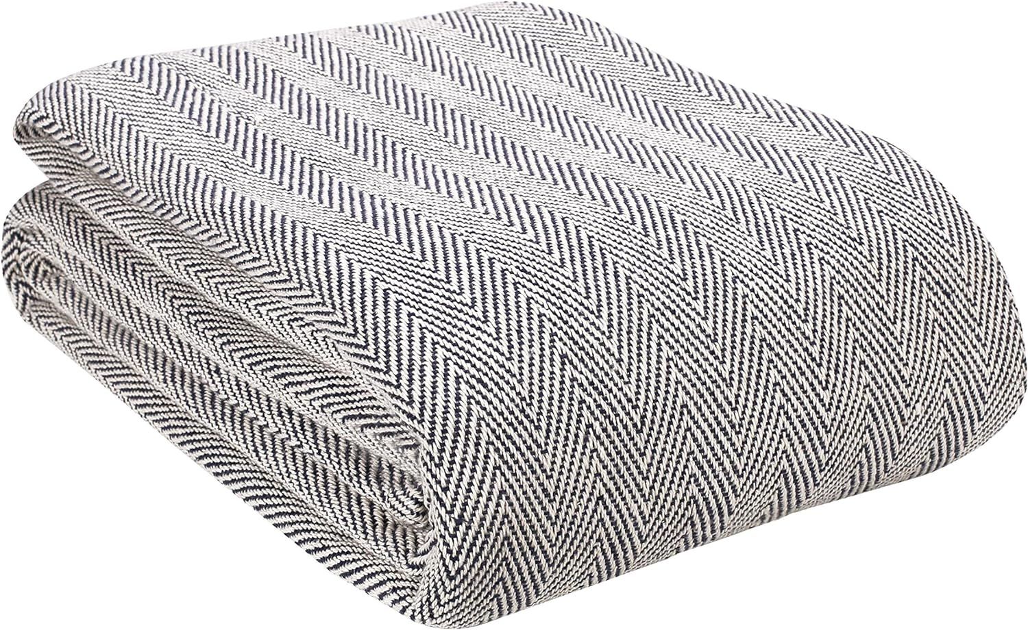 King Navy Herringbone Cotton Thermal Blanket