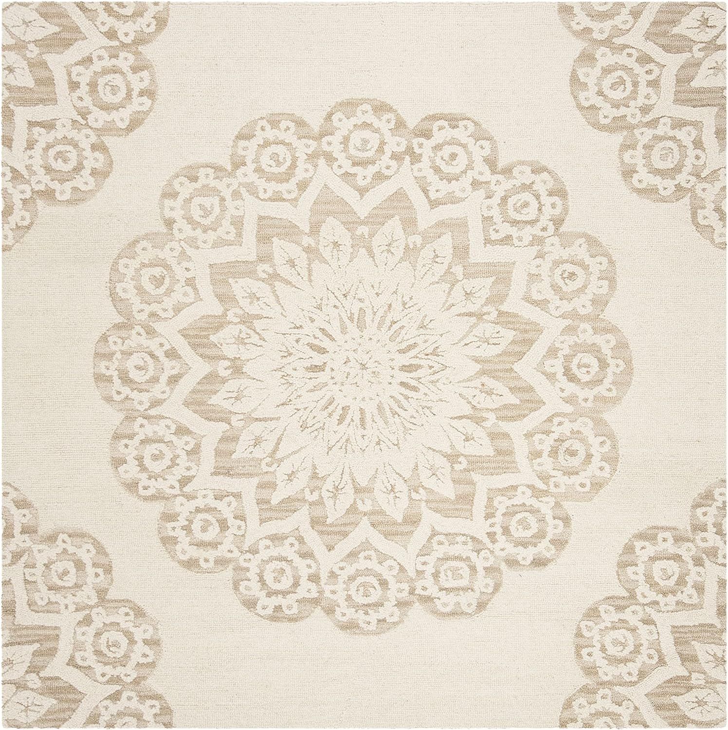 Ivory Floral Tufted Square Wool Handmade Area Rug 62"