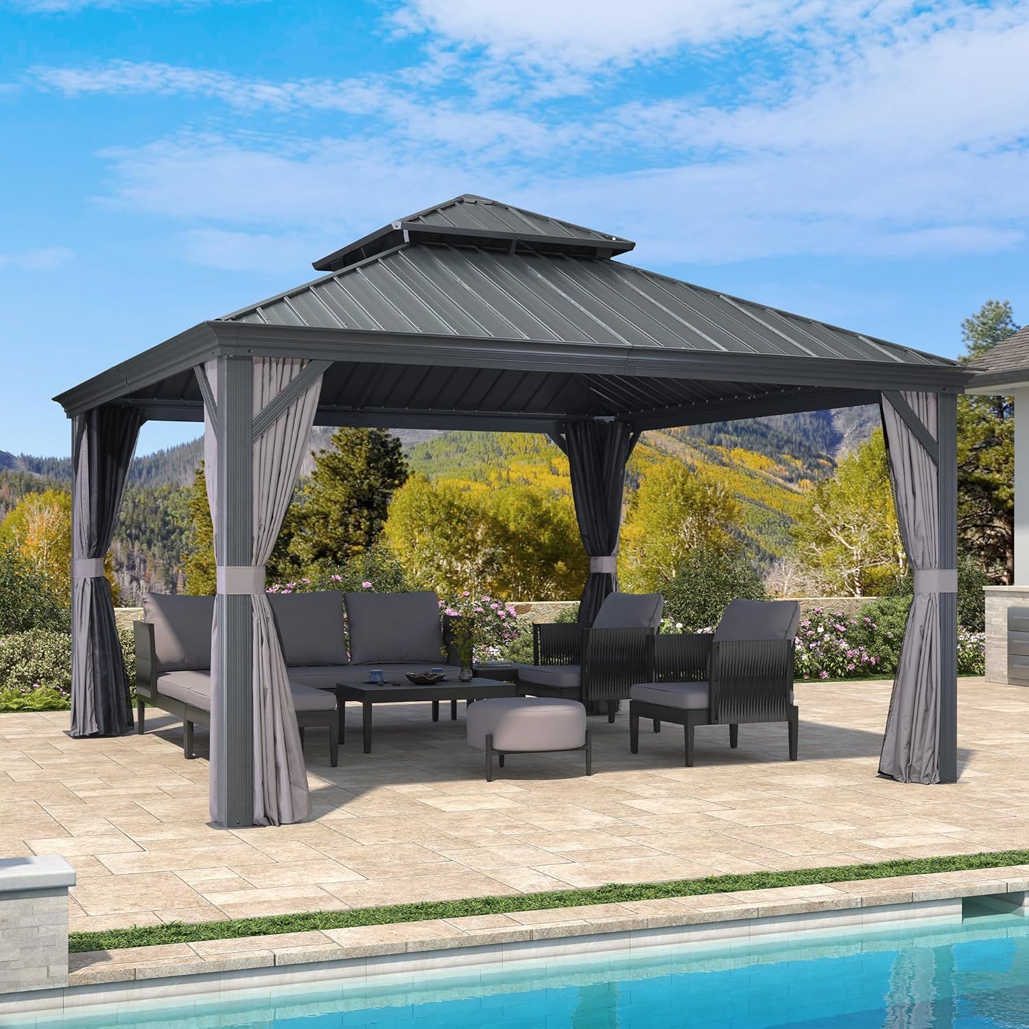 Grey 13' x 13' Gazebo with Galvanized Steel Roof and Curtains