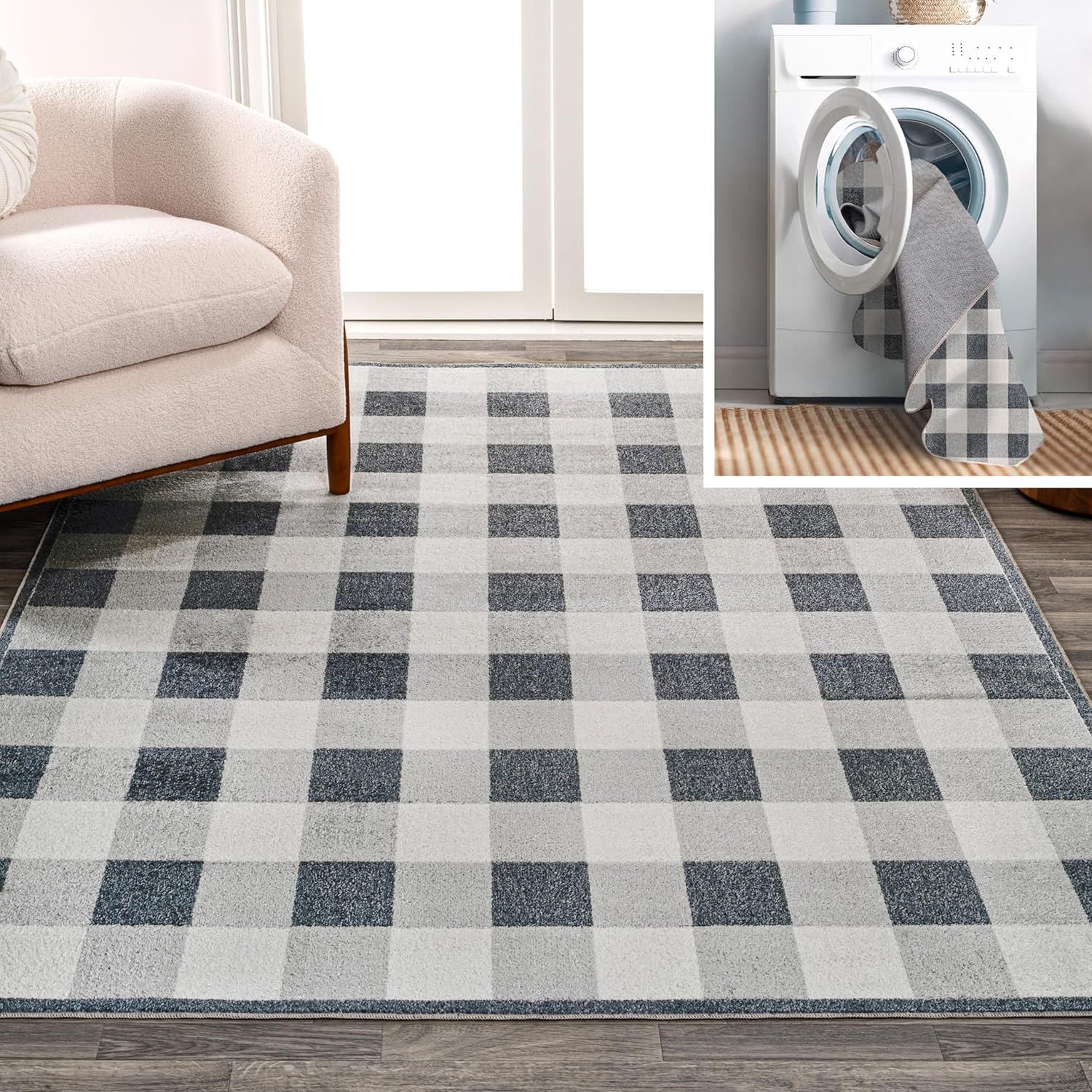 Gray Gradient Plaid Washable Synthetic Area Rug, 3 x 5