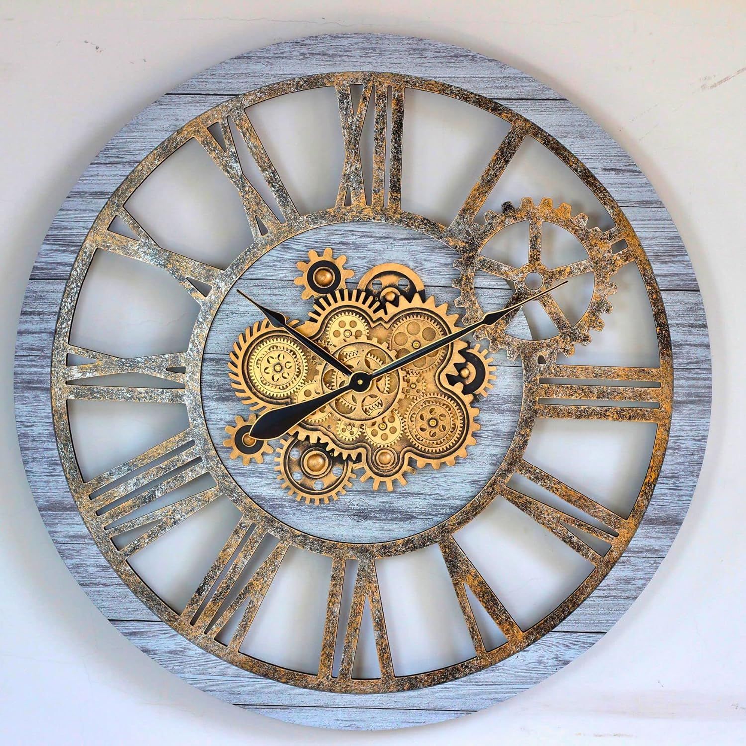 Oversized 36" Round Rustic Wood Wall Clock with Moving Gears