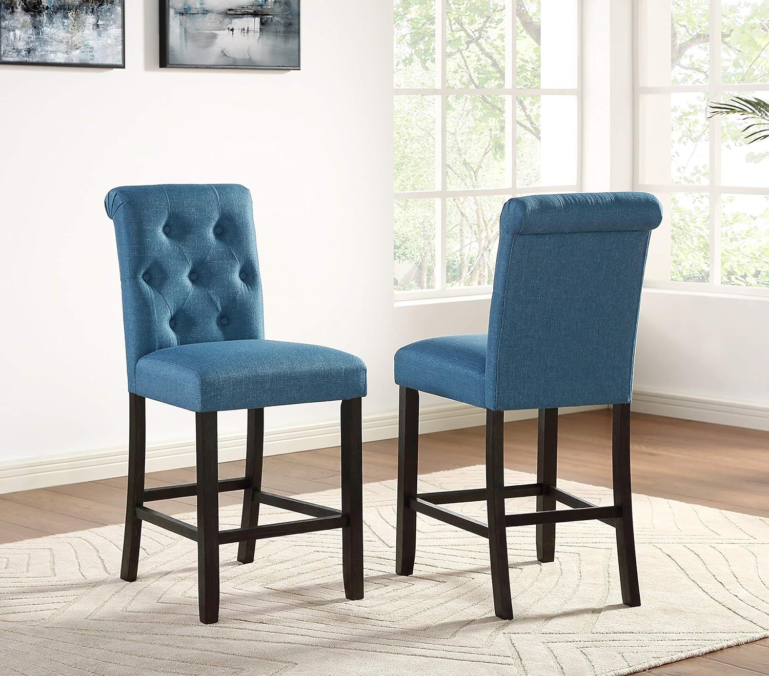 Blue Tufted Upholstered Wood Counter Height Stools, Set of 2