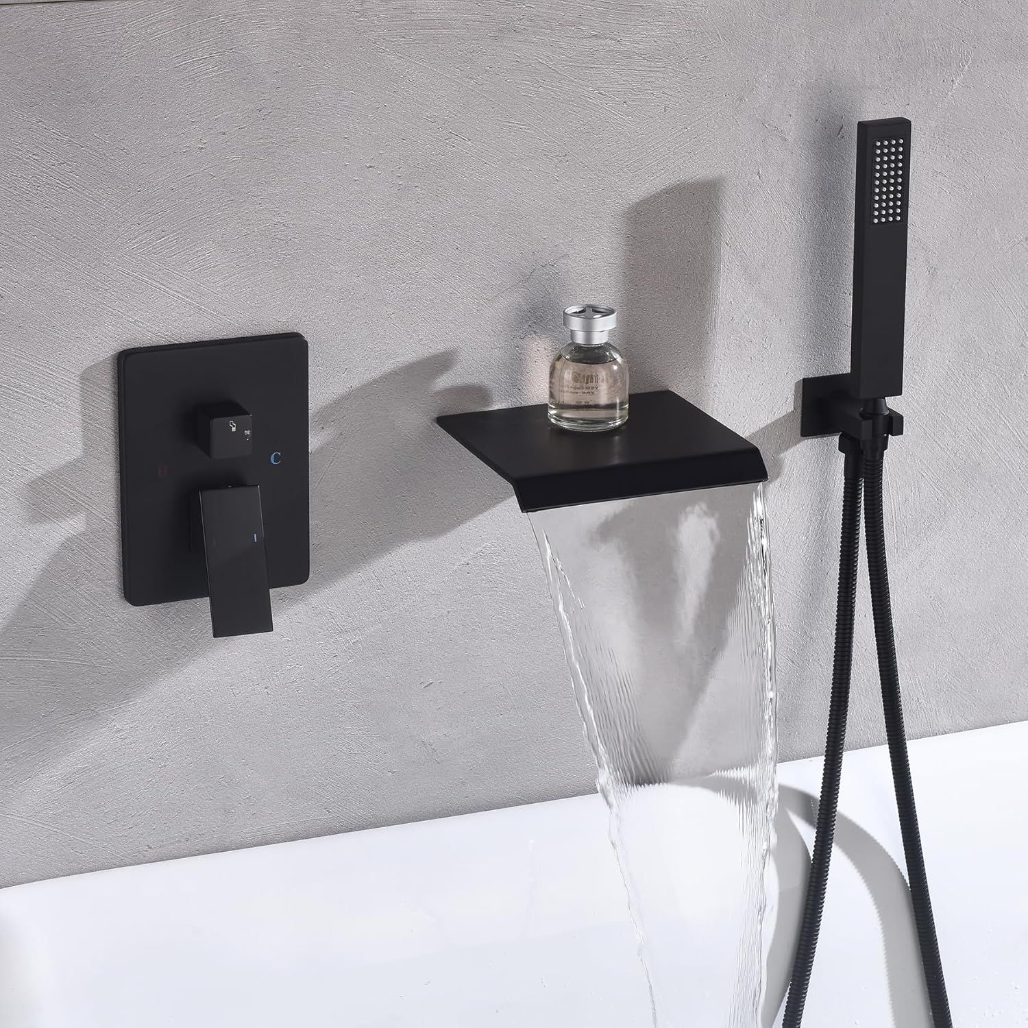 Matte Black Wall-Mount Waterfall Tub Faucet with Handheld Shower