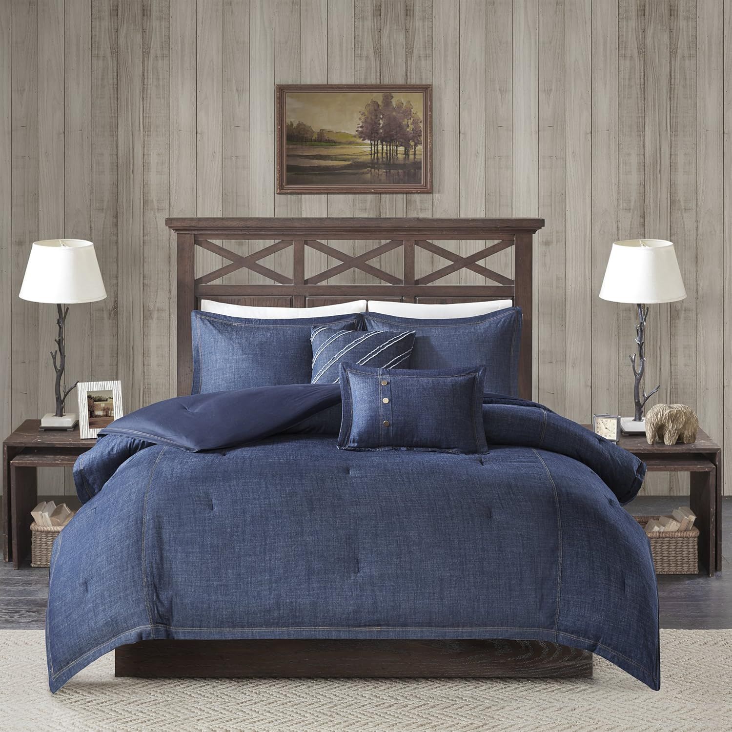 Full Blue Cotton Bedspread Set with Button Detail