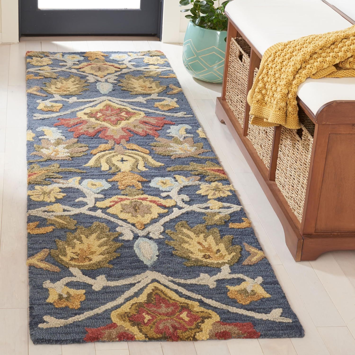 Navy & Multicolor Floral Tufted Wool Rectangular Area Rug 6' x 9'