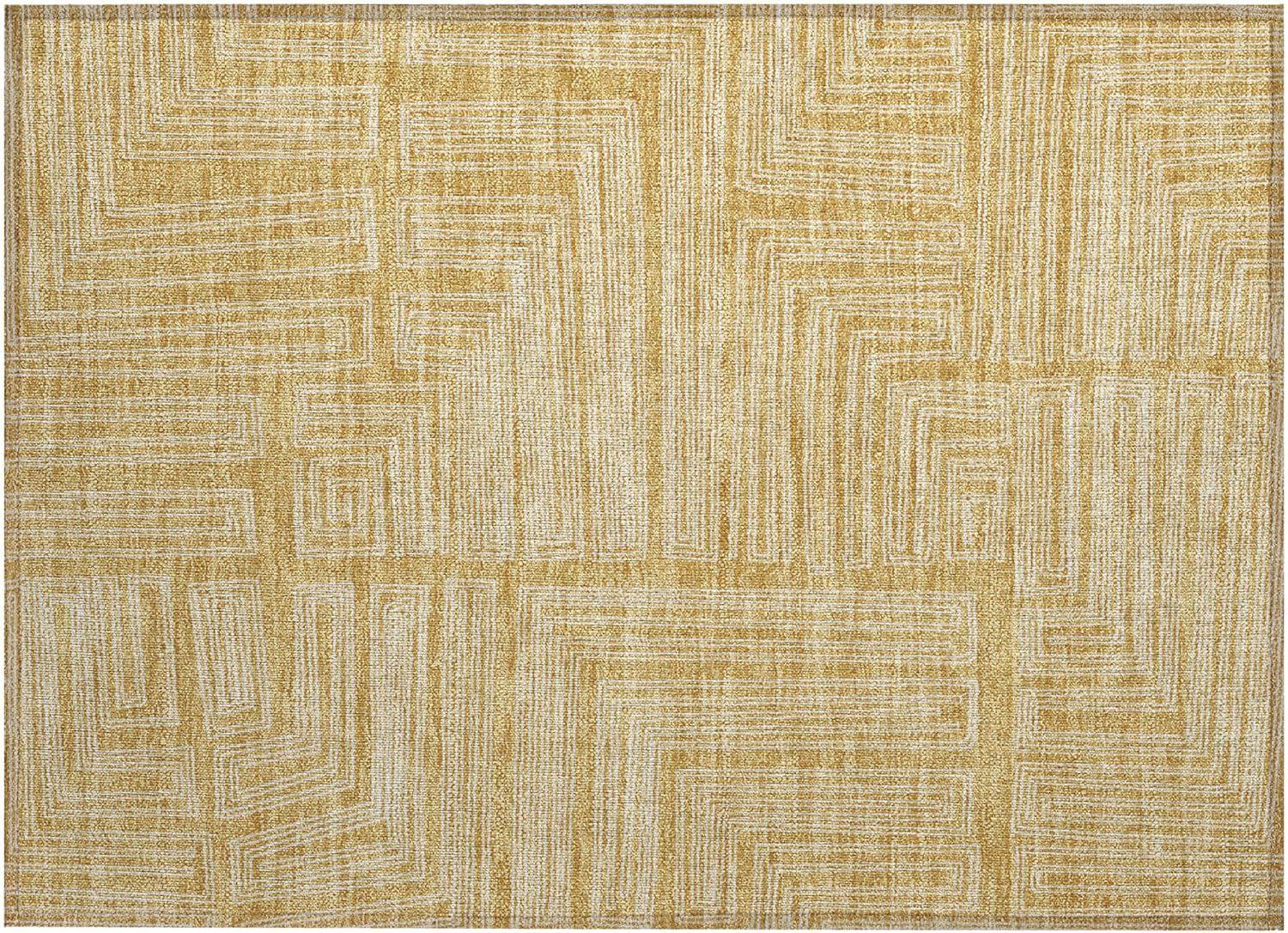 Gold Geometric Flat Woven Washable Rectangular Rug