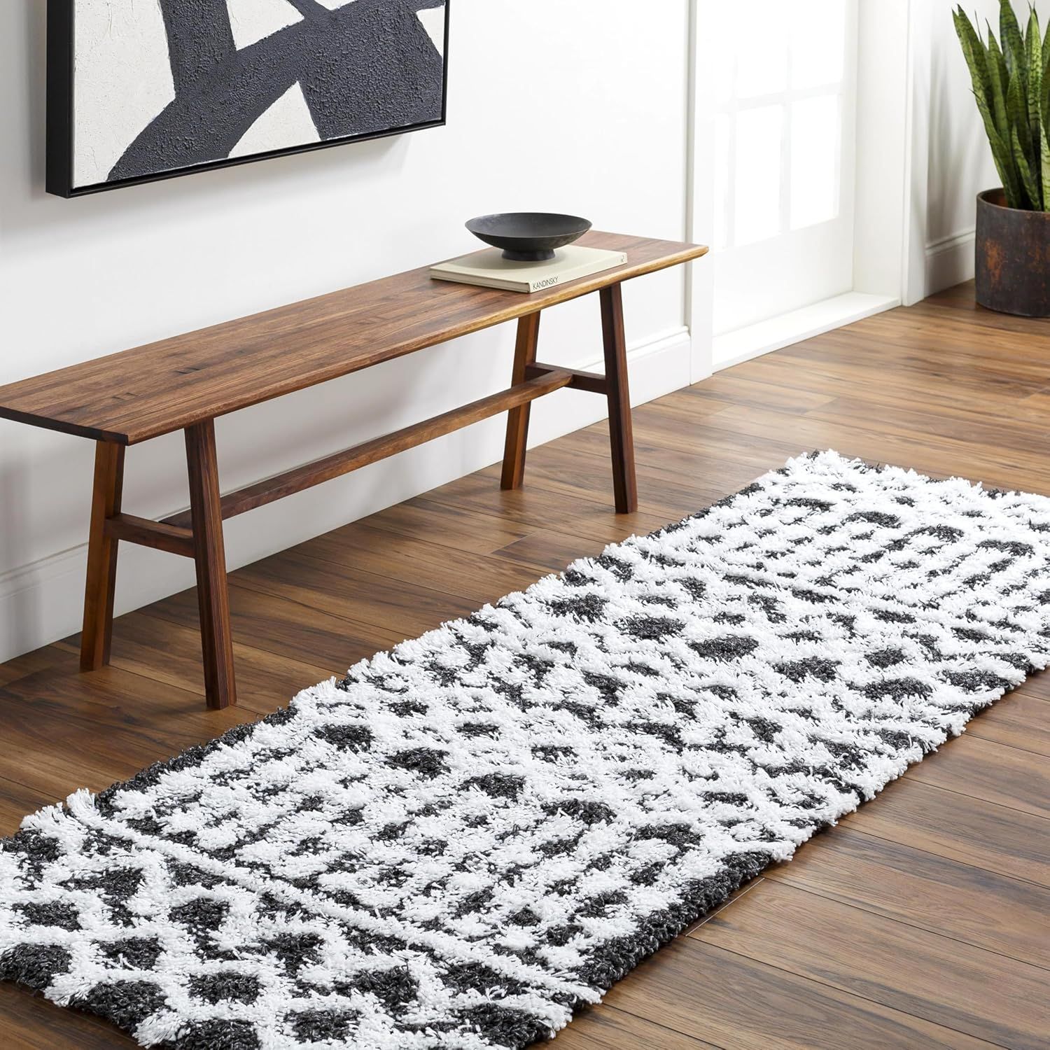 Black and White Plush Shag Runner Rug, 2'7" x 7'3", Polypropylene
