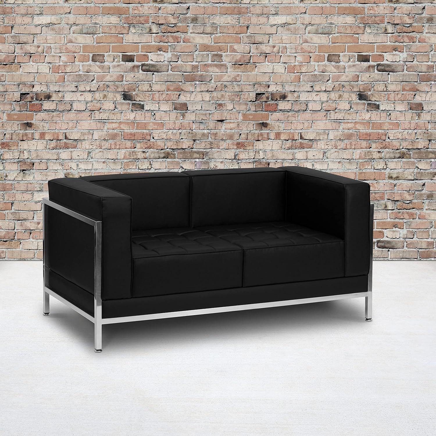 Black Tufted Leather Reception Loveseat with Metal Frame