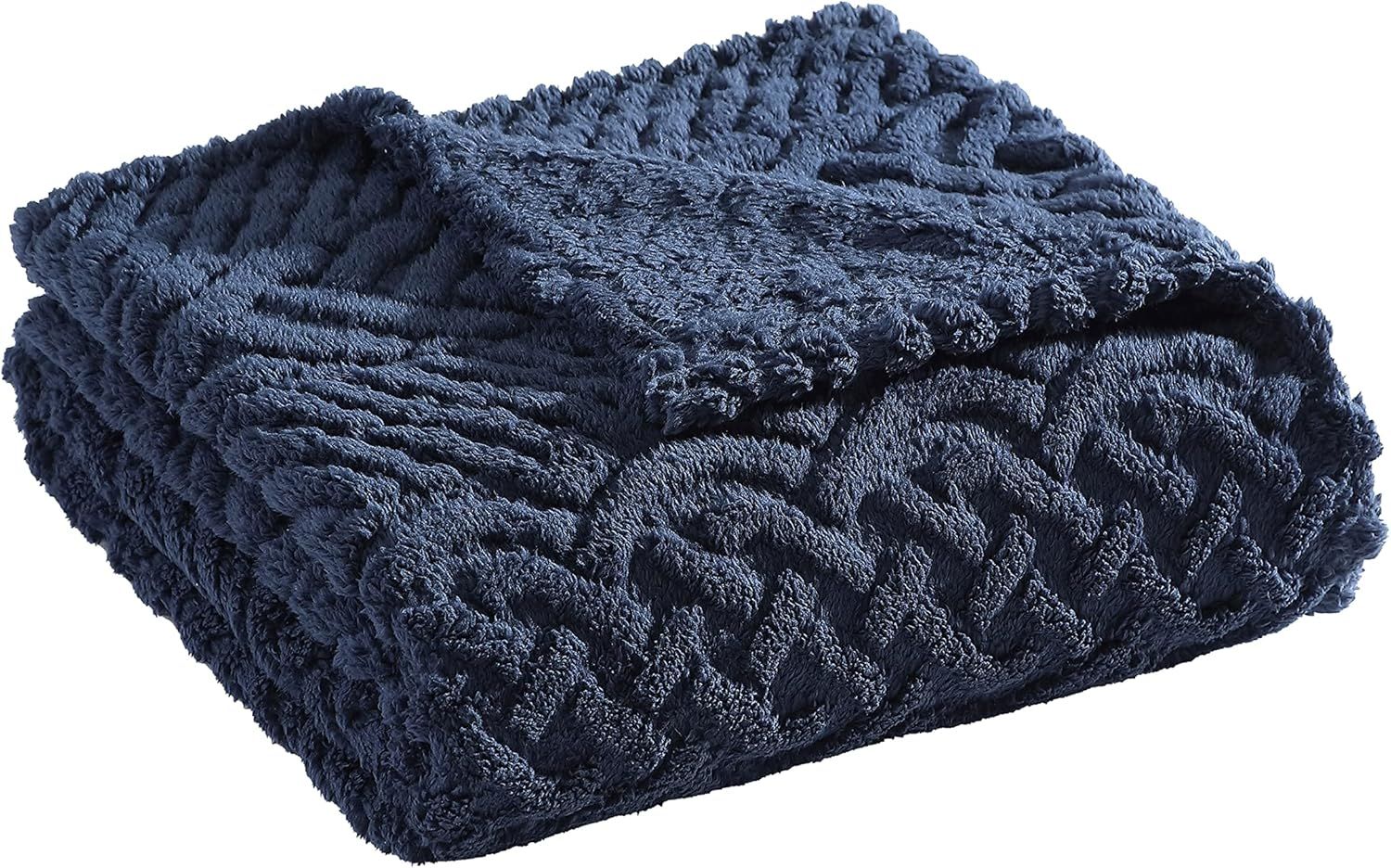 Navy Heavyweight Cable Knit Sherpa Reversible Blanket