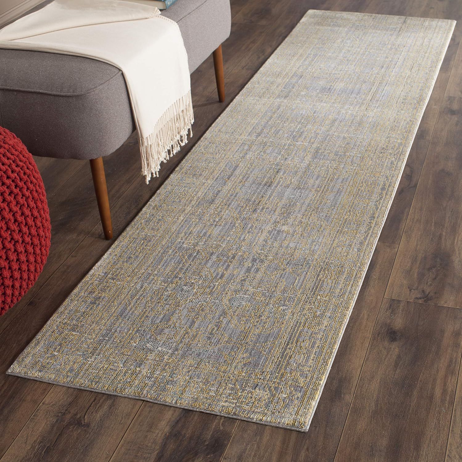 Valencia Gray and Gold Synthetic Runner Rug, 2'3" x 8'