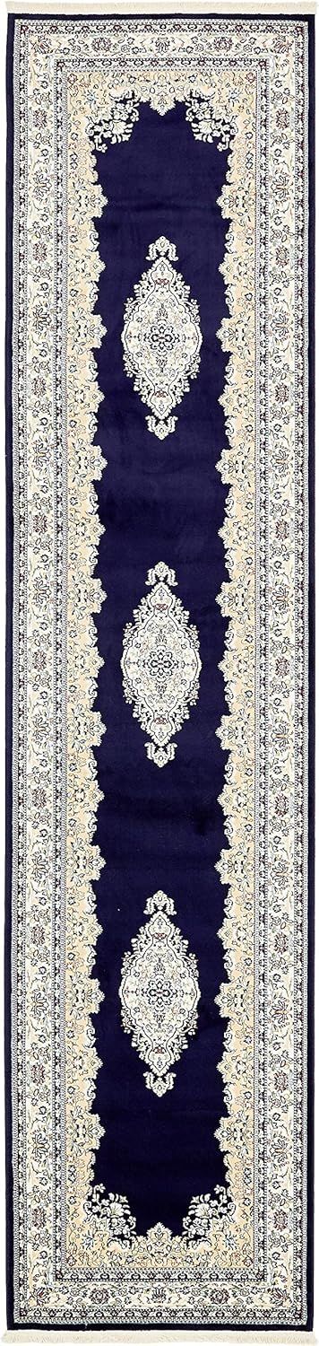 Navy Blue and Tan Stain-Resistant Synthetic Runner Rug