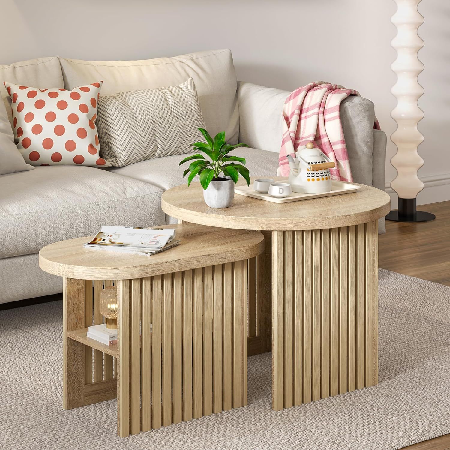 Natural Wood Round Nesting Coffee Table Set with Fluted Panels