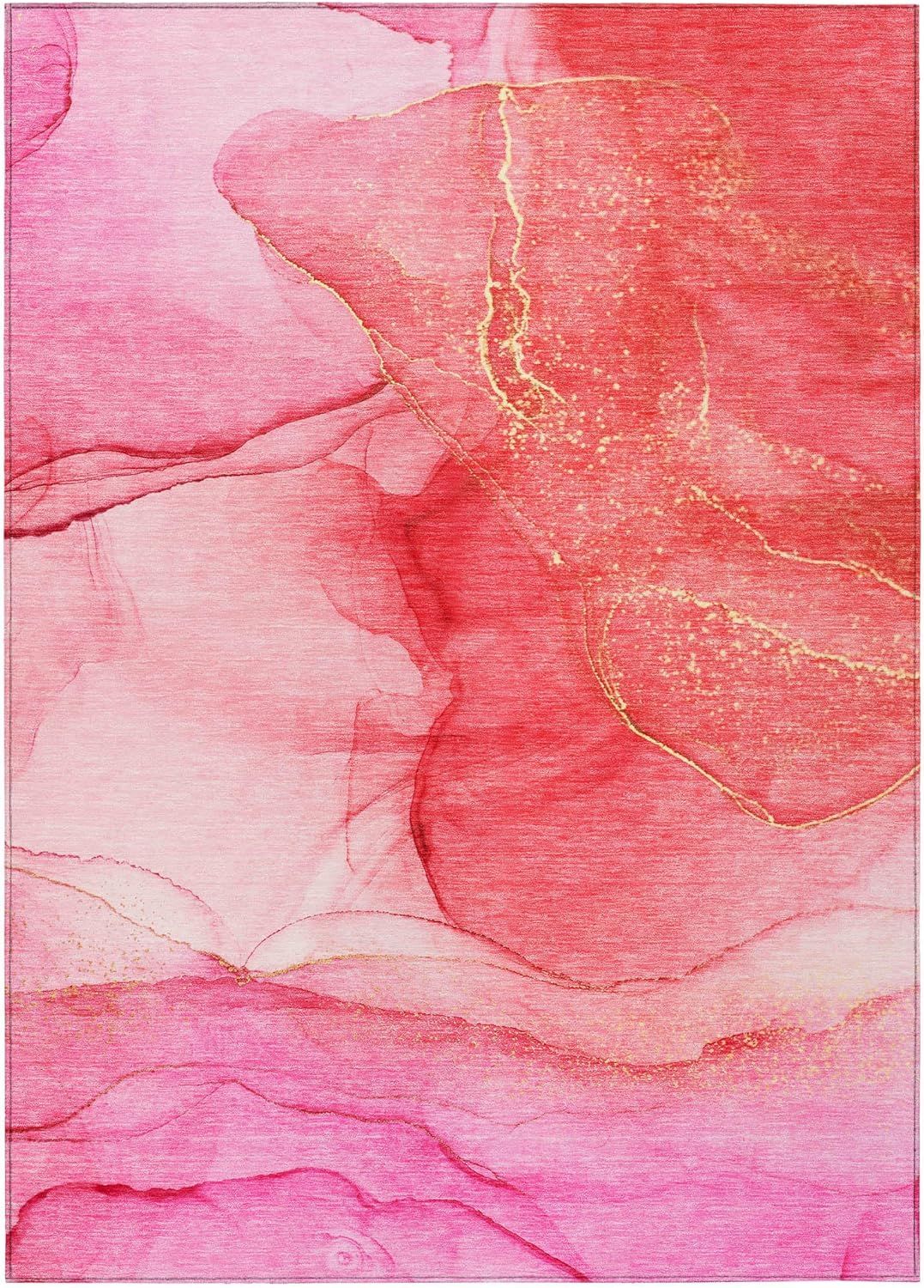 Pink Watercolor Pattern Synthetic Washable 3' x 5' Rug